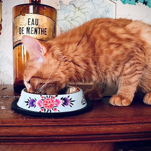 Hand-Painted Floral Cat Bowl: Stainless Steel, Anti-Slip Base