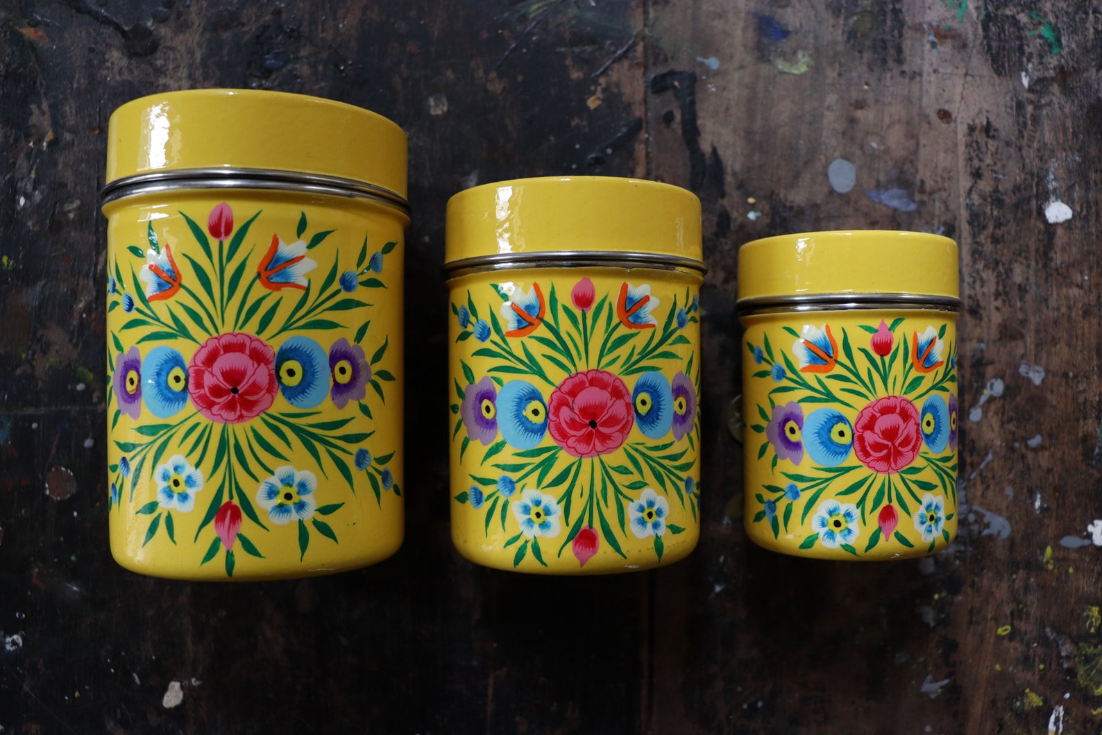Hand Painted Tea Coffee Sugar Canister Set of 3 Etsy