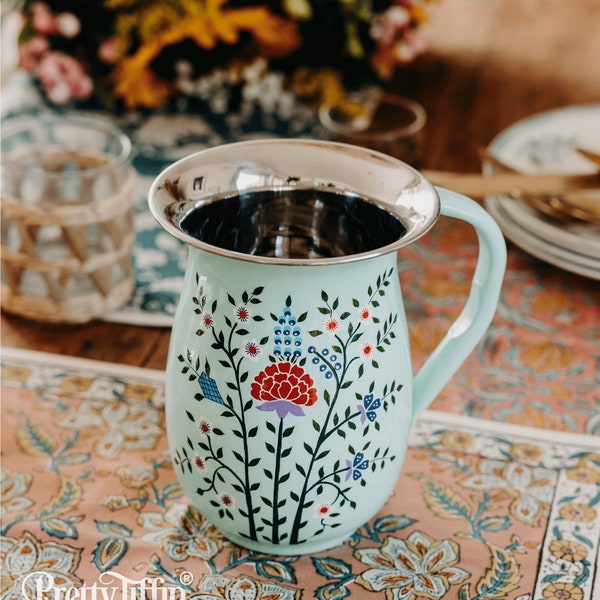 Hand Painted Pitcher Jug Metal Jug Picnic Jug Steel Jug Flower Jug Camping Jug, Picnic Jug, Stainless Steel Jug, Alfresco dining, vase,