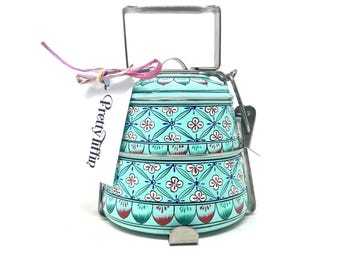 Hand Painted Indian Tiffin Lunchbox: Spearmint Enamel, Stainless Steel