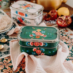 Hand Painted Bento Lunch box Two Compartment Lunch box, Nesting Lunchbox, Bento Box, Metal Lunch Box, Sandwich Tin, Stainless Steel Bento