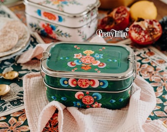 Fiambrera Bento pintada a mano: acero inoxidable de dos compartimentos