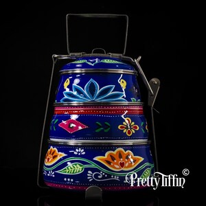 Truck Art 
Indian Tiffin hand painted 
lunch dabba 
lunch pail 
steel tiffin box 
compartment lunchbox  
blue lunch box