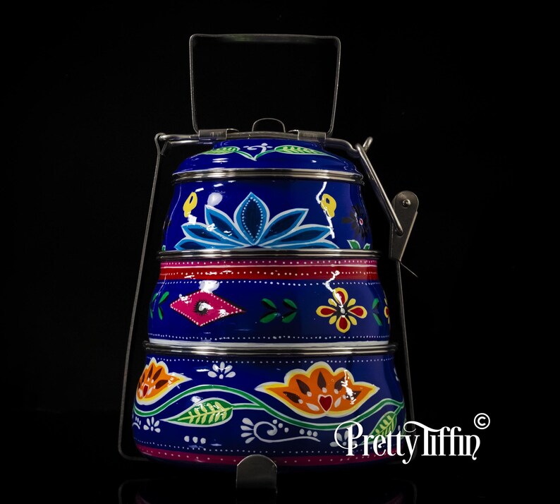Truck Art 
Indian Tiffin hand painted 
lunch dabba 
lunch pail 
steel tiffin box 
compartment lunchbox  
blue lunch box