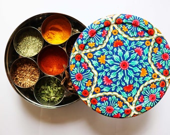 Hand Painted Masala Dabba Spice Tin, Spice Dabba, Beautiful Masala Box, Spice Storage, Air Tight Spice Tin, Spice Box, Gift For Cooks