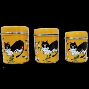 Cat Lover Gift 
Canister Set 
Kitchen Tin Trio 
Tea Caddy 
Tea Coffee Sugar storage