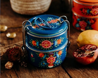 Boîte à lunch indienne Tiffin en acier peinte à la main à deux compartiments, traditionnelle Tiffin