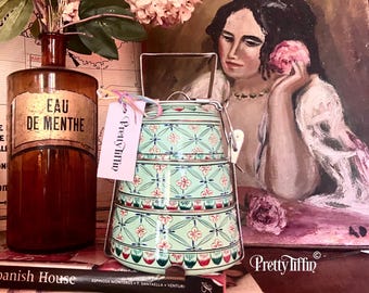 Hand Painted Indian Tiffin Lunch Box: 3-Tier Metal Dabba Box