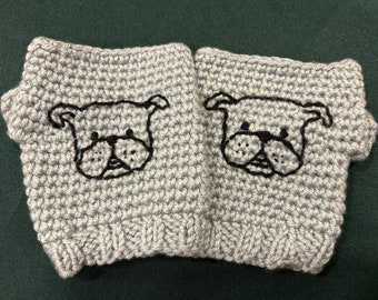 Love My Dog, custom hand embroidered dog faces on handmade fingerless gloves, mittens,