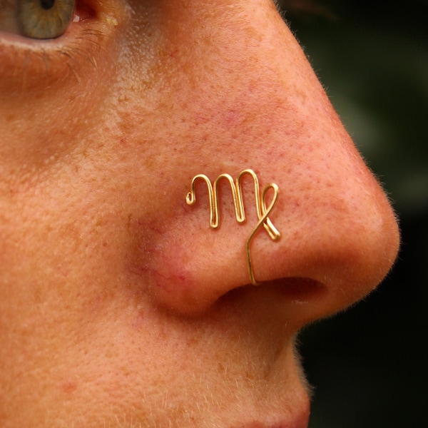 Virgo Zodiac Sign 14k Gold Nose Cuff, No Piercing Needed Nose Ring, Astrological Symbol Nose Cuff, Astrology Jewelry, September Zodiac