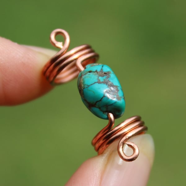Turquoise & Copper Loc Or Braid Jewelry, Crystal Dreadlock Coil, Blue Gemstone Dread Cuffs, Throat And 3rd Eye Chakra Stone Hair Accessories