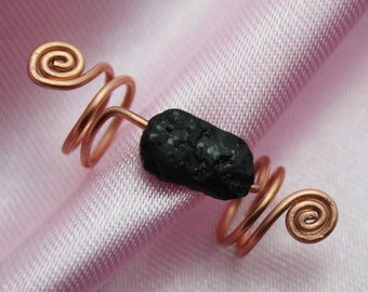 Raw Black Tourmaline & Copper Loc Jewelry, Crystal Dreadlock Coils, Black Gemstone Dread Cuffs, Protection Stone Hair Accessories