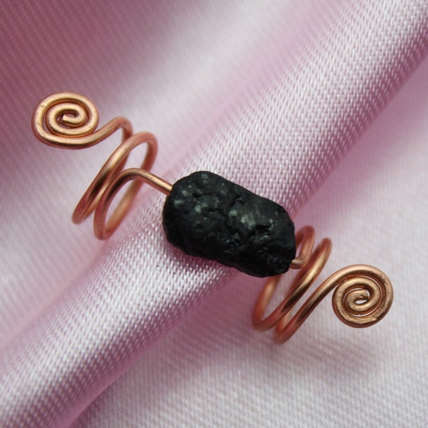 Raw Black Tourmaline & Copper Loc Jewelry, Crystal Dreadlock Coils, Black Gemstone Dread Cuffs, Protection Stone Hair Accessories