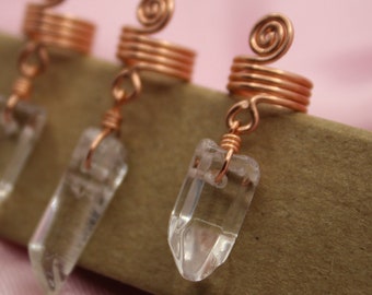 Clear Quartz & Copper Loc Jewelry, Crystal Point Dreadlock Coils, Gemstone Dread Cuffs, 3rd Eye Stone Hair Accessories