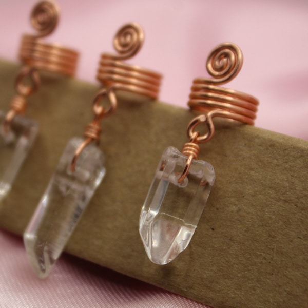 Clear Quartz & Copper Loc Jewelry, Crystal Point Dreadlock Coils, Gemstone Dread Cuffs, 3rd Eye Stone Hair Accessories