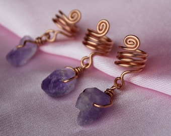 Raw Amethyst & Copper Loc Jewelry, Crystal Dreadlock Coils, Purple Gemstone Dread Cuffs, Protection Stone Hair Accessories