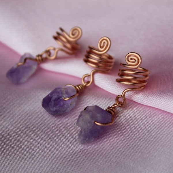 Raw Amethyst & Copper Loc Jewelry, Crystal Dreadlock Coils, Purple Gemstone Dread Cuffs, Protection Stone Hair Accessories