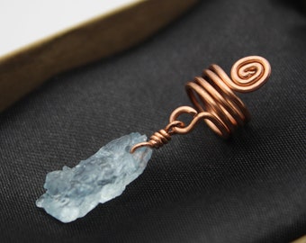 Raw Aquamarine & Copper Loc Jewelry, Crystal Dreadlock Coils, Blue Gemstone Dread Cuffs, 3rd Eye Stone Hair Accessories, March Birthstone