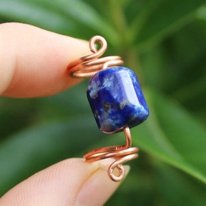 Lapis Lazuli & Copper Loc Jewelry, Crystal Dreadlock Coils, Blue Gemstone Dread Cuffs, Throat And 3rd Eye Chakra Stone Hair Accessories
