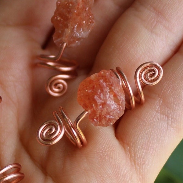 Raw Sunstone & Copper Loc Jewelry, Crystal Dreadlock Coils, Rough Gemstone Dread Cuffs, Positivity Stone Hair Accessories