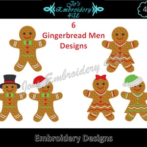 May include: Six gingerbread man embroidery designs. The designs include a gingerbread man wearing a top hat, a gingerbread man wearing a Santa hat, a gingerbread man wearing a bow, a gingerbread man wearing a green hat, a gingerbread man wearing a red and white striped dress, and a gingerbread man wearing a green and white striped dress.