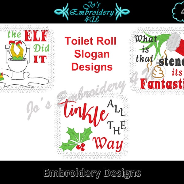 3 Christmas Toilet Paper Cover Embroidery Designs - The Elf Did It, Tinkle All The Way & What is that stench... - Instant DIGITAL Download