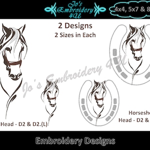 Puede incluir: Dos diseños de bordado que representan una cabeza de caballo y una herradura con una cabeza de caballo dentro. Los diseños están disponibles en dos tamaños: 4x4, 5x7 y 8x12. El texto "Jo's Embroidery 4U" está en la parte superior de la imagen.