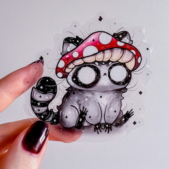 Little Raccoon with Mushroom Hat Transparent Sticker