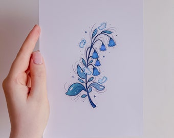 Bluebell flower with little ghosts A5 Print