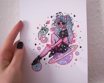 Alien Girl Nebula with Kitty A5 Print