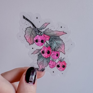 May include: A sticker featuring a pink and white illustration of a raspberry branch with leaves and berries. The berries have cute cartoon faces with black eyes.