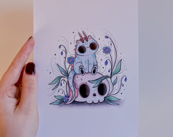 Dragon Kitty Bluemer on Skull with Forget me not Flowers A5 Print