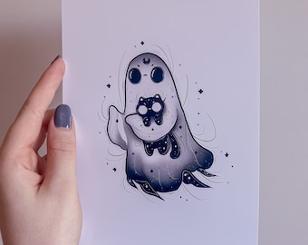 Ghost carrying kitty A5 print