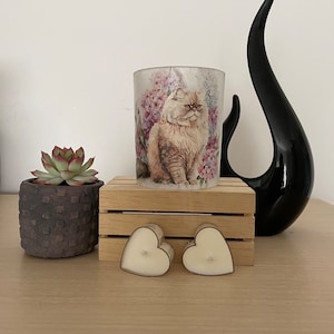 Handmade Decoupage Glass Candle Holder with 2 Hommade Heart Soy Wax Tea Lights - Grumpy Cat