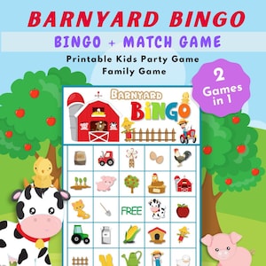 Barnyard Bingo and Match Game | Kid&#39;s Party Game | Family Activity | 20 Unique Bingo Cards | Printable Instant Download