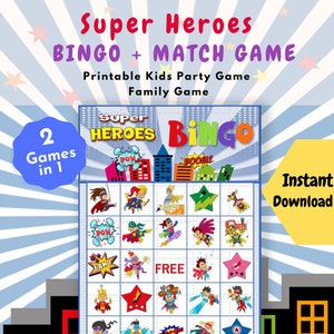 Super Heroes Bingo und Match Game | Kinderparty Spiel | Familienaktivität | 20 Einzigartige Bingo Karten | Druckbare Sofort Download