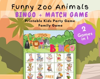 Funny Zoo Animal Bingo and Match Game | Kid's Party Game | Family Activity | 20 Unique Bingo Cards | Printable Instant Download