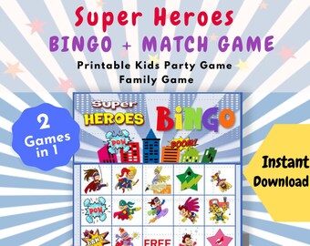 Super Heroes Bingo and Match Game | Kid's Party Game | Family Activity | 20 Unique Bingo Cards | Printable Instant Download
