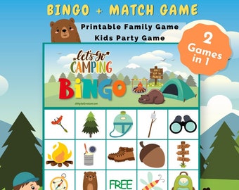 Lets Go Camping Bingo & Match Game | 2 Games in One | Kids Party Game | Family Activity | 20 Unique Bingo Cards | Printable Instant Download