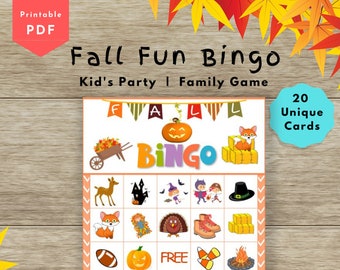 Fall Fun Bingo | Kid's Party Game | Family Activity | 20 Unique Bingo Cards | Printable Instant Download