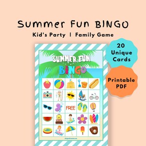 Bingo divertido de verano / Juego de fiesta para niños / Actividad familiar / 20 tarjetas únicas / Descarga instantánea imprimible