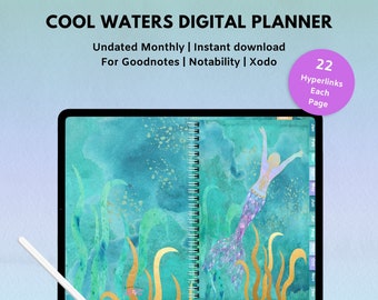 Cool Waters Undated Monthly Digital Planner | Goodnotes | Notability | Xodo | Instant Download | Weekly | Yearly | Organizer | Hyperlinks
