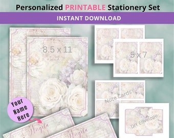 Personalized Printable Stationery Note Cards & Envelope, White Rose Stationery Set, DIY Envelope, Instant Digital Download