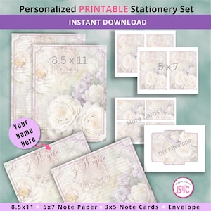 Personalized Printable Stationery Note Cards & Envelope, White Rose Stationery Set, DIY Envelope, Instant Digital Download