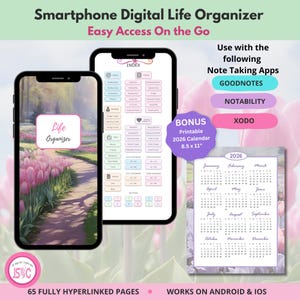 Smartphone Digital Life Organizer–Tulip Garden | 65 Hyperlinked Pages | GoodNotes Xodo Notability–Pocket Planner Access On The Go | Undated