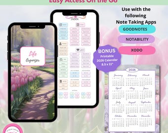 Smartphone Digital Life Organizer–Tulip Garden | 65 Hyperlinked Pages | GoodNotes Xodo Notability–Pocket Planner Access On The Go | Undated