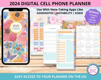 2024 Digital Phone Planner - Boho Floral - Hyperlinked Monthly-Daily Planner 420 Pages - GoodNotes, Xodo, Notability -  Planner