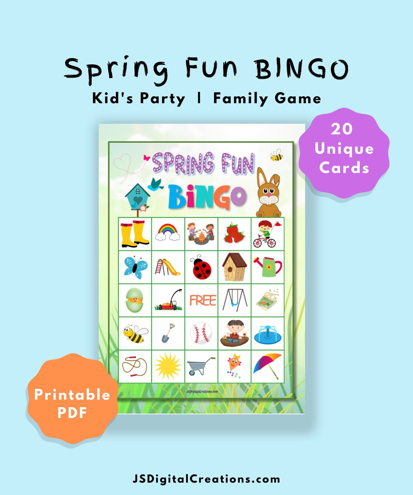Spring Fun Bingo | Kid's Party Game | Family Activity | 20 Unique Bingo Cards | Printable Instant Download