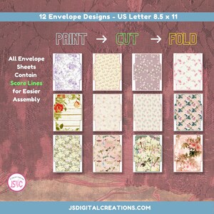 May include: Twelve printable envelope designs featuring floral patterns in shades of pink, purple, and green. The designs are for US Letter size envelopes, measuring 8.5 x 11 inches. Each design includes score lines for easier assembly.