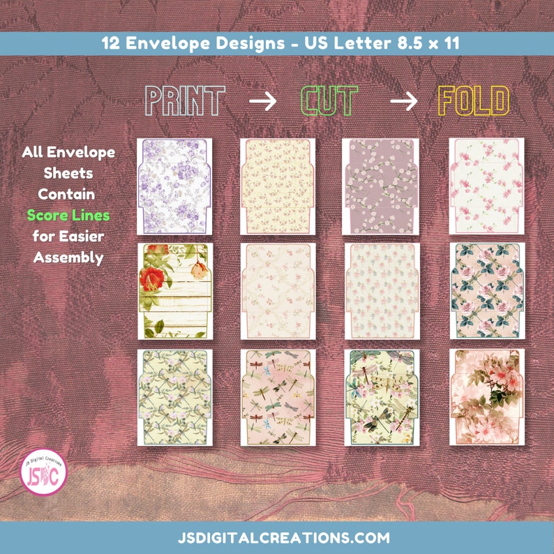 May include: Twelve printable envelope designs featuring floral patterns in shades of pink, purple, and green. The designs are for US Letter size envelopes, measuring 8.5 x 11 inches. Each design includes score lines for easier assembly.